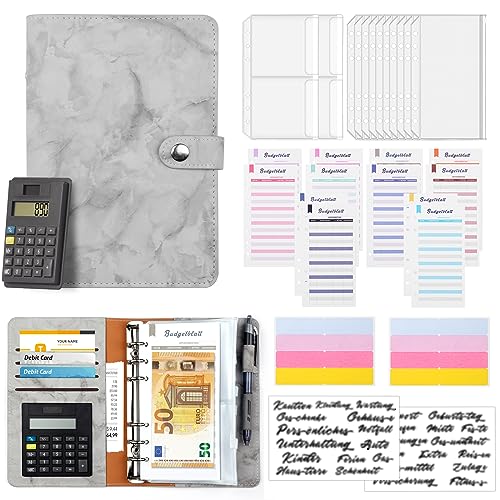 Budget Planner Deutsch mit Taschenrechner A6 Budget Binder Cash Stuffing Finanzplaner Sparchallenge Budgetplaner Geld Organizer Sparbuch Geldplaner Haushaltsbuch mit Geldfächer (Marmor Grau) von kinkaocio