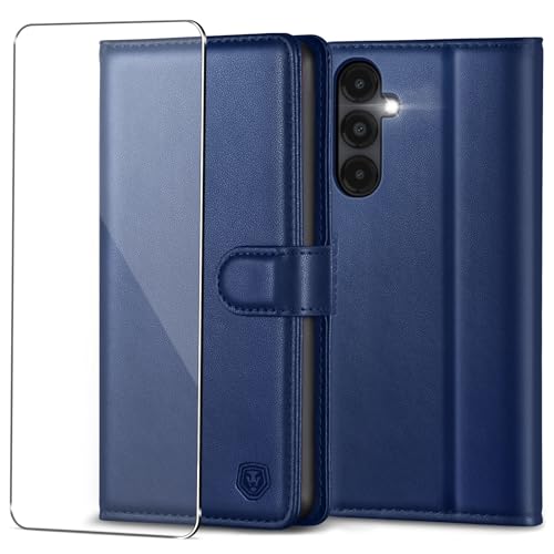 Handyhülle für Samsung Galaxy A14 5G Hülle mit Panzerglas Schutzfolie Premium PU Leder Klapphülle Case Brieftasche Kartenfach Ständer Magnet Handytasche Cover Schutzhülle für Samsung A14 - Navy Blau von Kuafcase