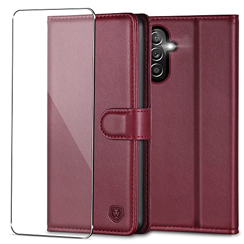 Handyhülle für Samsung Galaxy A34 Hülle mit Panzerglas Schutzfolie Premium PU Leder Klapphülle Case Brieftasche Kartenfach Ständer Magnet Handytasche Cover Schutzhülle für Samsung A34 5G- Weinrot von Kuafcase