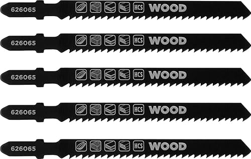 kwb 5x Stichsägeblätter für Holz, fein, 100mm (geeignet für Hartholz, Weichholz, Tischlerplatte, HSS Stahl, gehärtete Zähne, kreuz-, freiwinkel- und konisch geschliffen, T- und U-Schaft-Aufnahme) von kwb