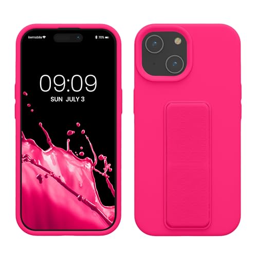 kwmobile Handyhülle kompatibel mit iPhone 15 - Hülle mit Fingerhalter und Standfunktion - Silikon Case Handy Cover in Neon Pink von kwmobile