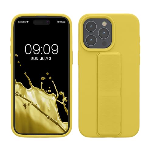 kwmobile Handyhülle kompatibel mit iPhone 15 Pro Max - Hülle mit Fingerhalter und Standfunktion - Silikon Case Handy Cover in Strahlend Gelb von kwmobile