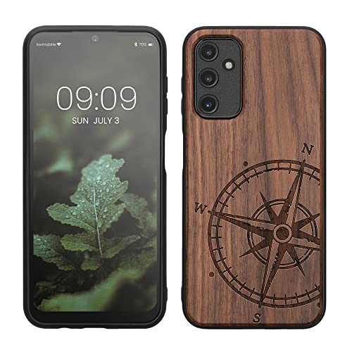 kwmobile Hülle kompatibel mit Samsung Galaxy A14 5G Hülle - Holz Case - Handy Cover - TPU Handyhülle in Dunkelbraun Kompass Vintage von kwmobile