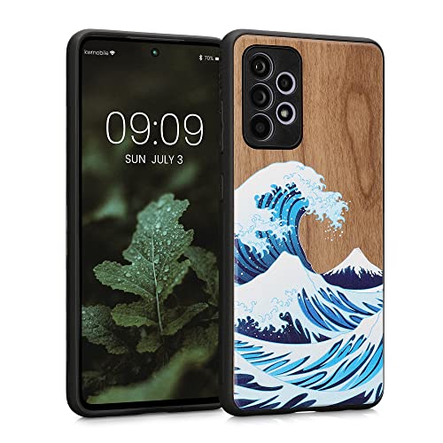 kwmobile Hülle kompatibel mit Samsung Galaxy A52 / A52 5G / A52s 5G Hülle - Holz Case - Handy Cover - TPU Handyhülle in Blau Weiß Braun Holz Japanische Welle von kwmobile