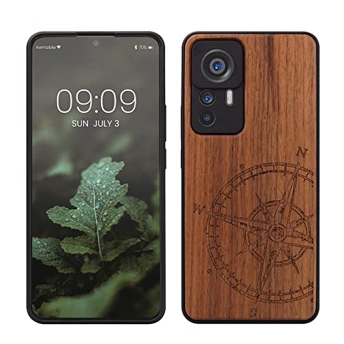 kwmobile Hülle kompatibel mit Xiaomi 12T / 12T Pro Hülle - Holz Case - Handy Cover - TPU Handyhülle in Dunkelbraun Kompass Vintage von kwmobile