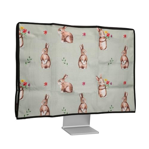 kwmobile Leinen Hülle kompatibel mit 20-22" Monitor - Schutzhülle Staubschutz Abdeckhaube für PC Bildschirm - Computer Screen Cover Staubhaube Haube - Hasen und Blumen von kwmobile