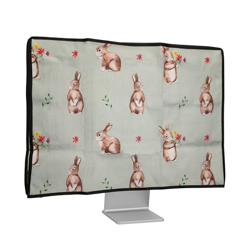 kwmobile Leinen Hülle kompatibel mit 27-28" Monitor - Schutzhülle Staubschutz Abdeckhaube für PC Bildschirm - Computer Screen Cover Staubhaube Haube - Hasen und Blumen von kwmobile