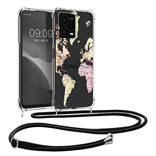 kwmobile Necklace Case kompatibel mit Xiaomi Redmi Note 12 Pro+ 5G / Note 12 Pro Plus 5G Hülle - Silikon Cover mit Handykette - Schwarz Mehrfarbig Transparent Travel Schriftzug von kwmobile