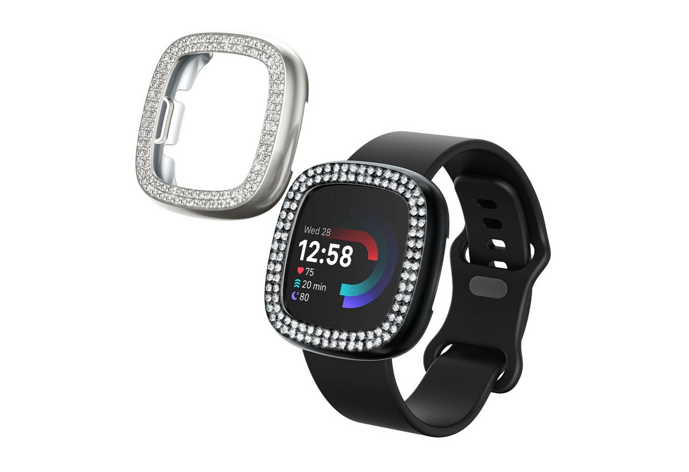 kwmobile Smartwatch-Hülle 2x Kunststoff Hülle für Fitbit Versa 4 / Sense 2, Schutzrahmen - Glitzer Schutzhülle in Schwarz Silber von kwmobile