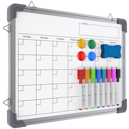 Kwznob Abwischbar Kalender Whiteboard Magnettafel 30 X 40 Cm, Magnetisch White Board, Hängende Doppelseitige Magnetwand Pinnwand mit Alurahmen Inklusive 8 Stifte, 1 Schwamm, 4 Magnete Schulsachen von kwznob