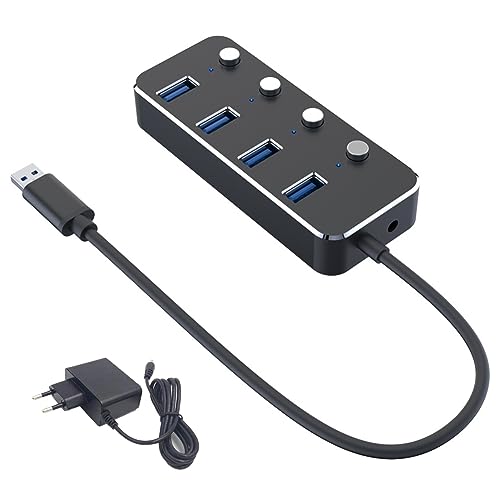 lehua USB 3.0-Netzteil, 4 AnschlüSse, Aluminiumlegierung, Splitter-Hub, USB-Hub 3.0, USB-Multi-Extender-Schalter, 1,2 M Kabel, Hub, EU-Stecker A von lehua