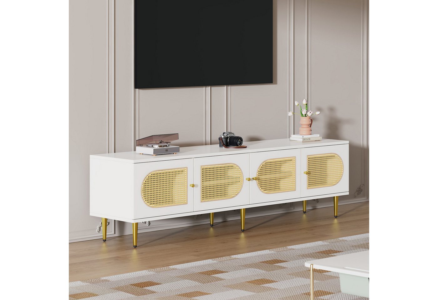 liebtech Weißer Rattan-TV-Ständer 180x40x50 cm - 4 Rattan-Türen TV-Ständer, (verstellbare Einlegeböden und Kabelmanagement, Lowboards) von liebtech