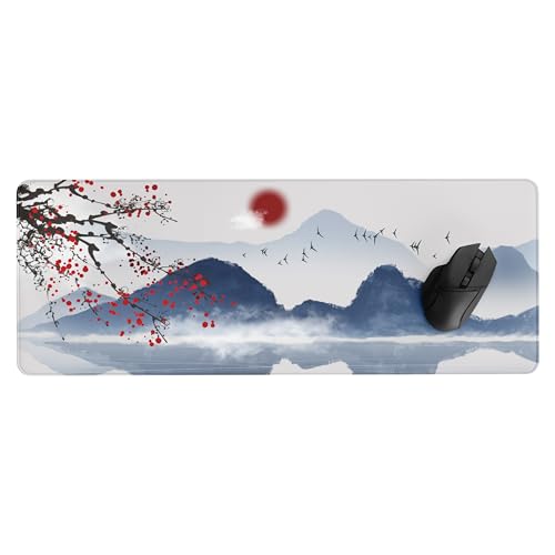 Gaming-Mauspad mit japanischer Tinte, Landschaft, Rosa, Sakura-Malerei, Gaming-Mauspad, Kirschblüten-Turm, Berglandschaft, erweitertes Mauspad, rutschfeste Gummiunterseite, genähte Mausunterlage von lisonxa