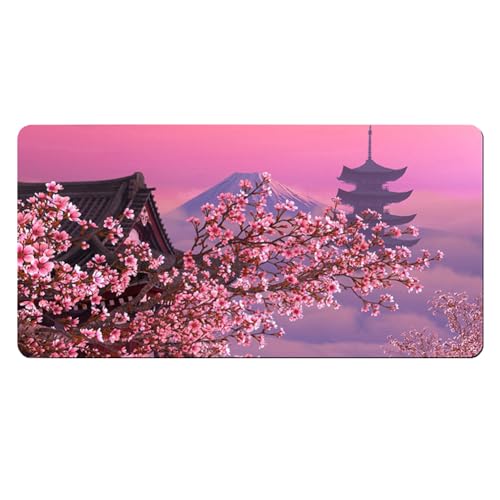 Gaming-Mauspad mit japanischer Tinte, Landschaft, Rosa, Sakura-Malerei, Gaming-Mauspad, Kirschblütenturm, Berglandschaft, erweitertes Mauspad, rutschfeste Gummiunterseite, genähtes Mauspad (Rosa, von lisonxa