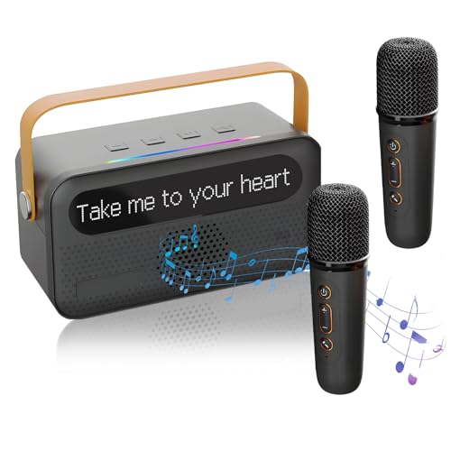 Mini Karaoke Maschine mit 2 Wireless Mikrofon, LED Karaoke Maschine Tragbarer Karaoke Lautsprecher mit Untertiteln für Geburtstag Urlaub Home Party (Schwarz) von luolety