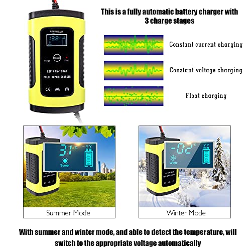 12V6A Vollautomatisches Autobatterie-Ladegerät Intelligente Ladegeräte Bleibatterieladegeräte mit LCD-Digitalanzeige für Autos und Motorräder (EU-Stecker) von lvifloae