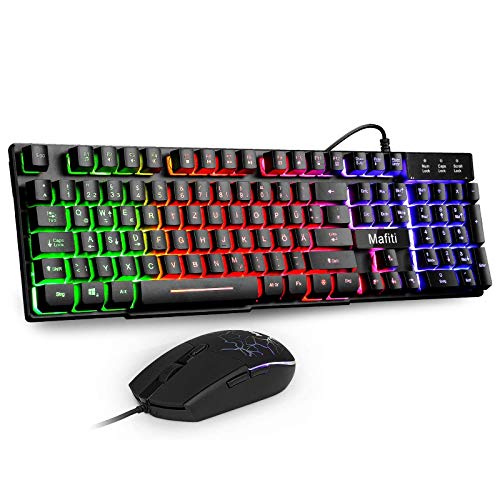 mafiti Tastatur und Maus Set, Kabelgebundenes, LED Hintergrundbeleuchtung QWERTZ (DE-Layout), Regenbogen Farben Beleuchtetung für Gaming und Büro von mafiti