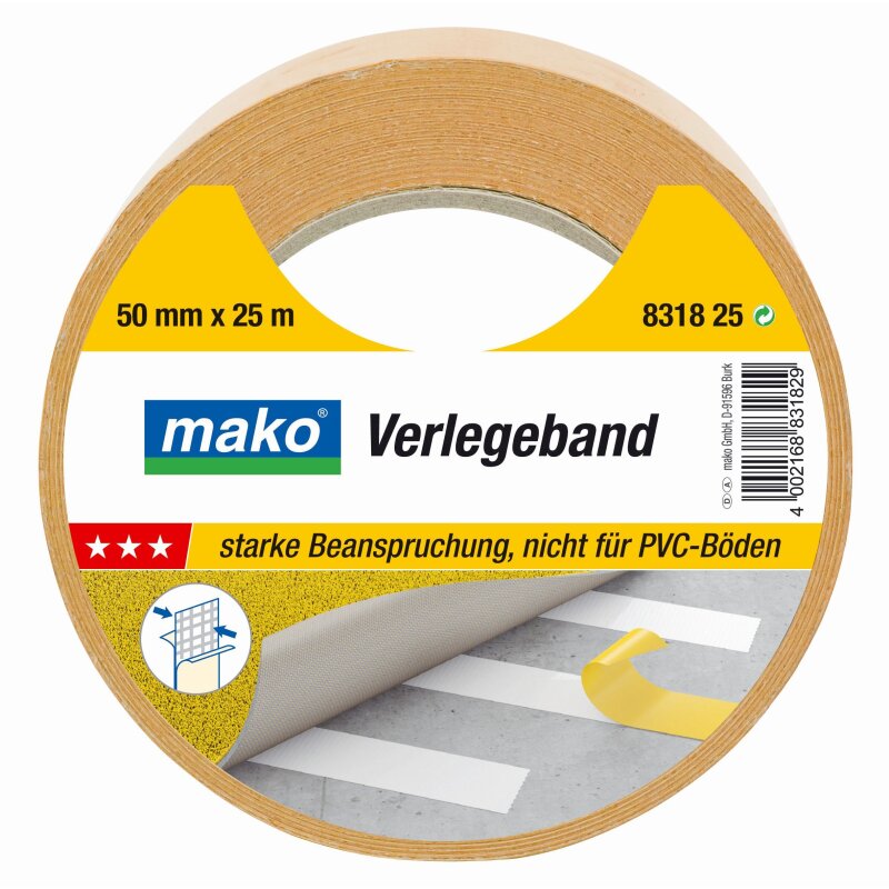 Verlegeband KOMFORT beidseitig selbstklebend für Beläge mit glattem oder Geweberücken 50 mm x 25 m von mako GmbH