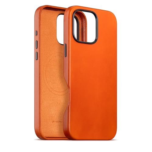 maogoam für iPhone 16 Pro Case Leder 6,3 Zoll, kompatibel mit MagSafe, echtes pflanzlich gegerbtes Öl Wachs Top-Grain Leder, Metall Knöpfe & Kamera Bump Frame, eleganter Stil, Orange von maogoam