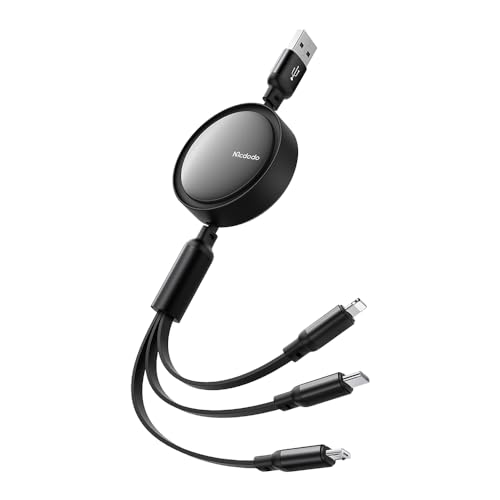 mcdodo Multi USB Kabel 3 in 1 Einziehbares Ladekabel mit Aufrollbare Universal Ladekabel Micro USB C Lightning für iPhone, Android Samsung Galaxy (Schwarz) von mcdodo