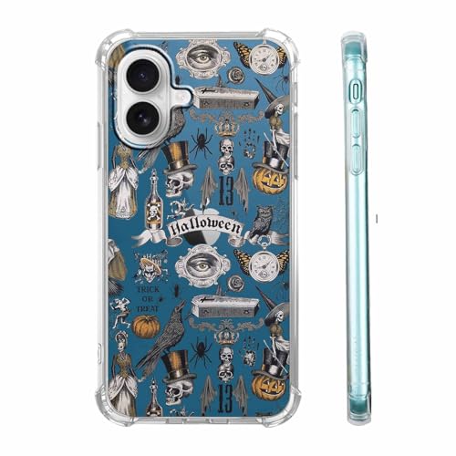 mehidpur Halloween-Hippie-Schutzhülle für iPhone 16 Plus, ästhetischer Totenkopf, Krähe, Spinne, Blume, Collage, für Damen und Herren, trendige, transparente weiche TPU-Schutzhülle für iPhone 16 Plus von mehidpur