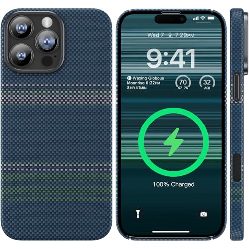 memumi Magnetische Carbon Hülle für iPhone 16 Pro, kompatibel mit Mag-Safe,echter Aramidfaser Hülle, Ultradünn Hülle mit Fallschutz für iPhone 16 Pro -Weizenfeld von memumi