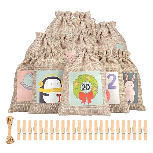 mivceklw 24 Days Countdown Bags, Advent Calendar Pouches, Festliche Schmuckbeutel, wiederverwendbar, Burlap Christmas Advent Linen Bags für 24 Tage Countdown and Candy Storage von mivceklw