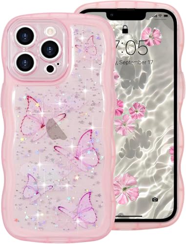 miyonsin Glitzer Hülle für iPhone 12 Pro Max, Durchsichtig Bling Glitter Schmetterling Stoßfeste Handyhülle für Frauen und Mädchen, Niedliche Glitzernde Schutzhülle für iPhone 12 Pro Max, Rosa von miyonsin