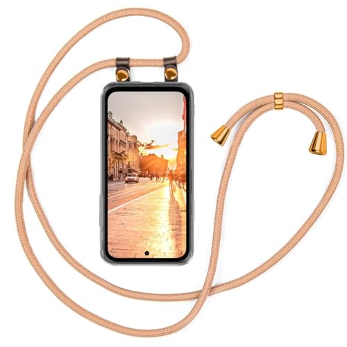 moex Handykette kompatibel mit Google Pixel 8a Hülle mit Band Längenverstellbar, Handyhülle zum Umhängen, Silikon Case Transparent mit Kordel Schnur abnehmbar in Gold von moex