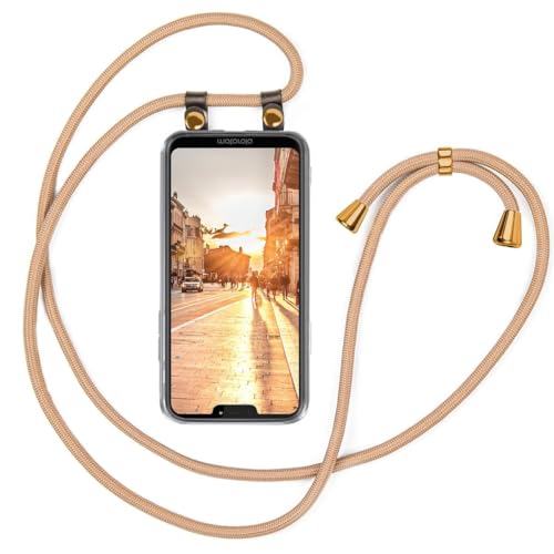 moex Handykette kompatibel mit Motorola Moto G7 Power Hülle mit Band Längenverstellbar, Handyhülle zum Umhängen, Silikon Case Transparent mit Kordel Schnur abnehmbar in Gold von moex