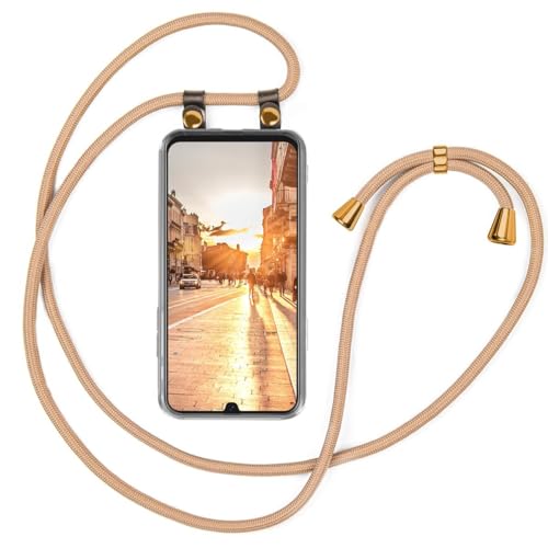 moex Handykette kompatibel mit Samsung Galaxy A70 Hülle mit Band Längenverstellbar, Handyhülle zum Umhängen, Silikon Case Transparent mit Kordel Schnur abnehmbar in Gold von moex