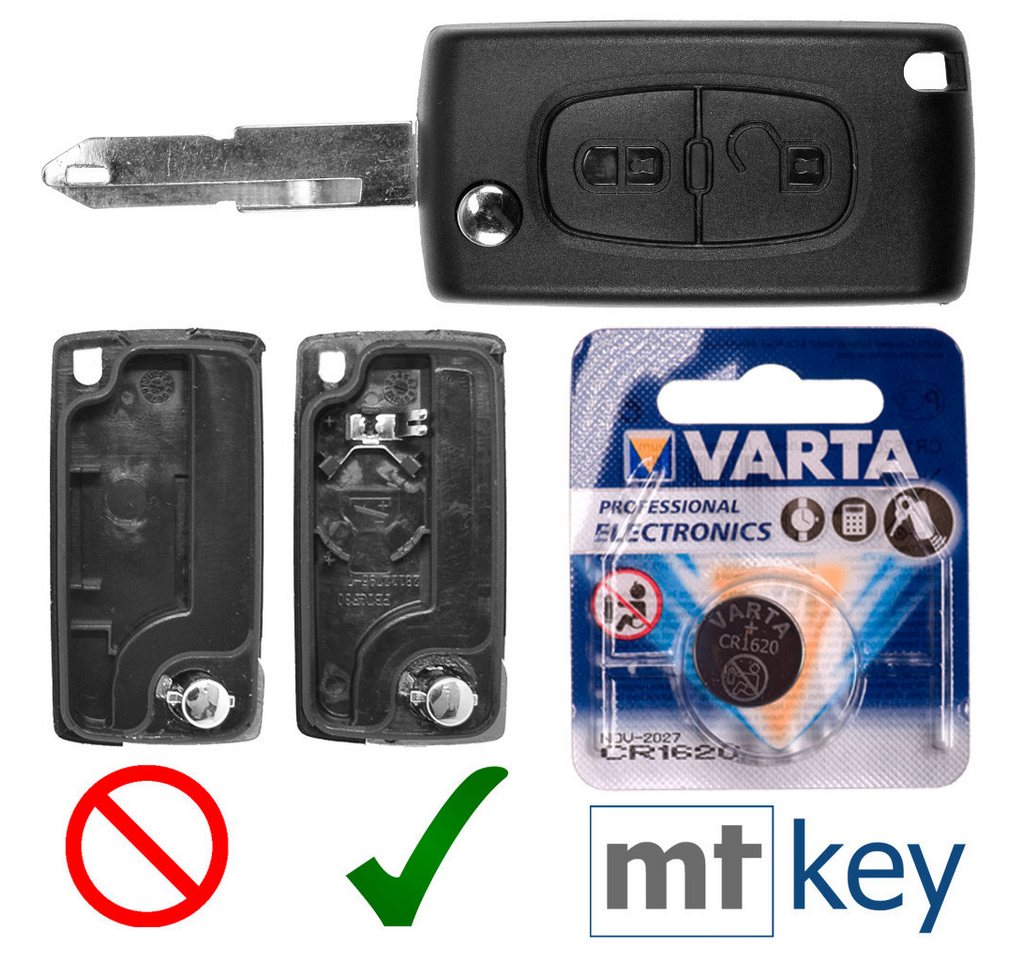 mt-key Auto Klapp Schlüssel Gehäuse 2 Tasten + NE73 Rohling + VARTA CR1620 Knopfzelle, CR1620 (3 V), für Peugeot Citroen Funk Fernbedienung von mt-key