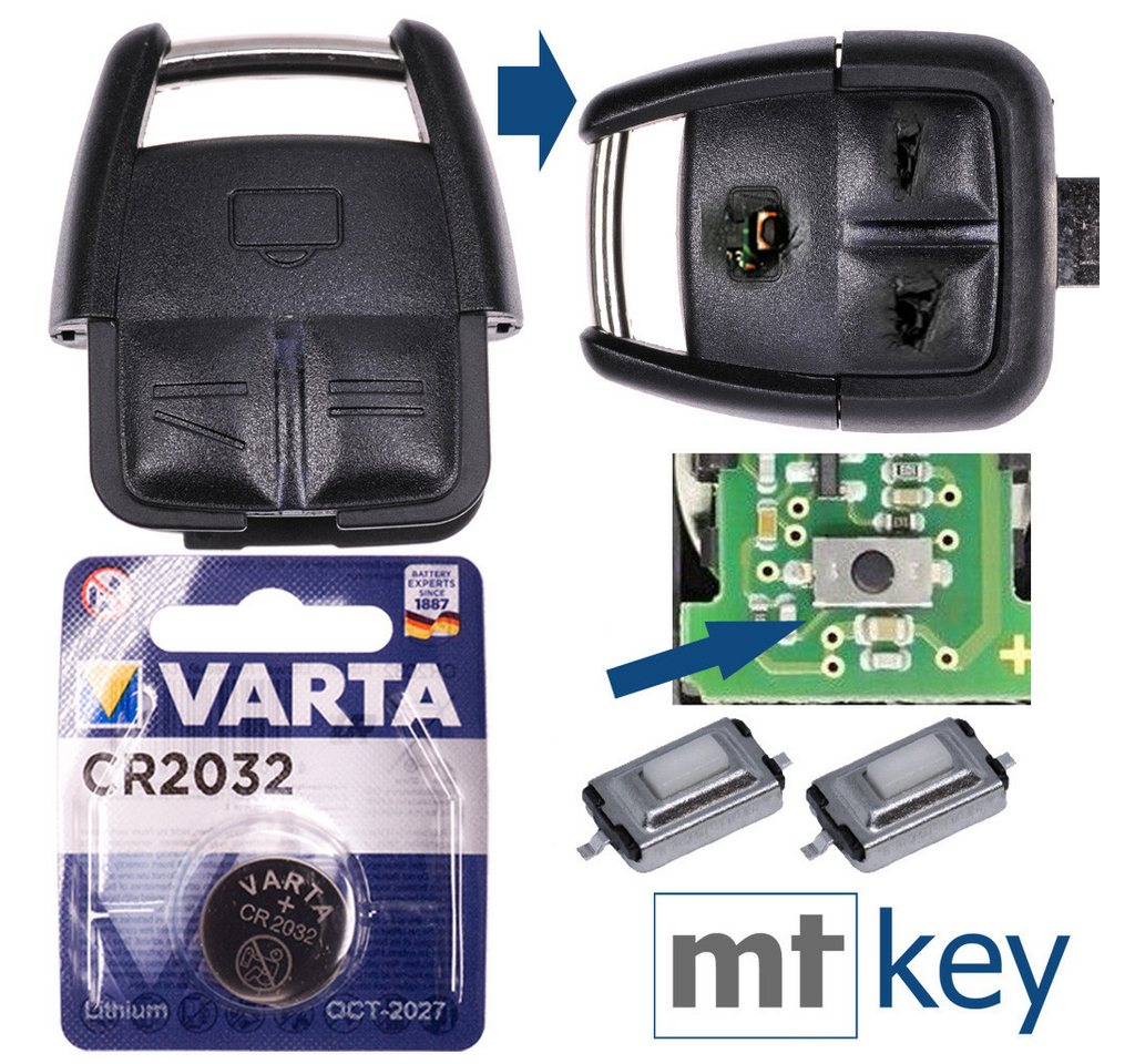 mt-key Auto Schlüssel Reparatur Gehäuse 3 Tasten + 2x Taster + VARTA CR2032 Knopfzelle, CR2032 (3 V), für Opel VECTRA C SIGNUM Funk Fernbedienung von mt-key