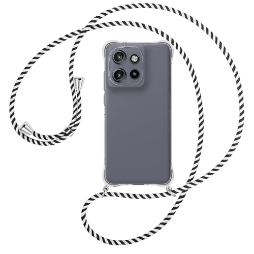 mtb more energy® Handykette kompatibel mit Motorola Moto Edge 50 Neo - schwarz/weiß gestreift/Metallteile: Silber - Smartphone Hülle zum Umhängen - Anti Shock Full TPU Case von mtb more energy