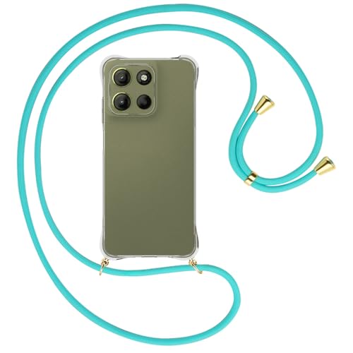 mtb more energy® Handykette kompatibel mit Motorola Moto G15 - türkis/Metallteile: Gold - Smartphone Hülle zum Umhängen - Anti Shock Full TPU Case von mtb more energy