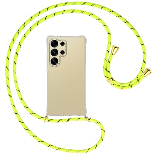 mtb more energy® Handykette kompatibel mit Samsung S25 Ultra - Neongelb/Metallteile: Gold - Smartphone Hülle zum Umhängen - Anti Shock Full TPU Case von mtb more energy