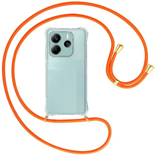 mtb more energy® Handykette kompatibel mit Xiaomi Redmi Note 14 5G - Neonorange/Metallteile: Gold - Smartphone Hülle zum Umhängen - Anti Shock Full TPU Case von mtb more energy