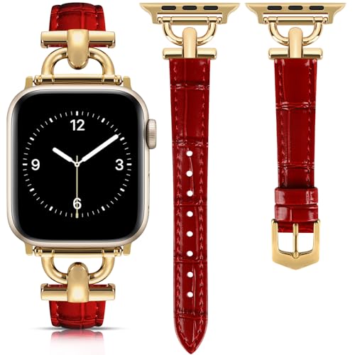 mxiixnai Lederarmband Kompatibel mit Apple Watch Armband 49/46/45/44/42mm Damen, Schlank Elegant Armbänder für iWatch Serie Utra 2/1 SE 10 9 8 7 6 5 4 3 2 1,Rot/Gold von mxiixnai