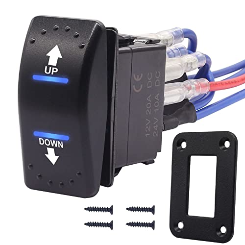 mxuteuk Polarity Reversing Momentan Wippschalter 12V 20A DC Motorsteuerung Kippschalter 7Pin Up/Down Blaue LED Winde in/out Schalter mit Aluminiumplatte Schraube Pigtail Draht DE-K-053-M-BU-XB von mxuteuk