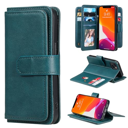 nancencen Handyhülle für iPhone 13 6.1" Hülle, Premium Leder Klappbar Stoßfest Brieftasche Schutzhülle [10 Kartensteckplätzen] Magnetischer Schutz, Dunkelgrün von nancencen