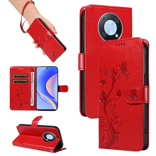 nancencen Hülle für Huawei Honor Y90 / Enjoy 50 Pro Handyhülle, Premium Leder Wallet Schutzhülle Silikon TPU Stoßfest [Kartenfächer] [Standfunktion] Outdoor Flip Case Cover, Rot von nancencen