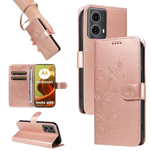 nancencen Hülle für Motorola Moto G85 5G Handyhülle, Premium Leder Wallet Schutzhülle Silikon TPU Stoßfest [Kartenfächer] [Standfunktion] Outdoor Flip Case Cover, Roségold von nancencen