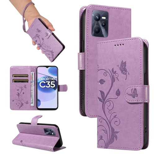 nancencen Hülle für Oppo Realme C35 4G / Narzo 50A Prime Handyhülle, Premium Leder Wallet Schutzhülle Silikon TPU Stoßfest [Kartenfächer] [Standfunktion] Outdoor Flip Case Cover, Lila von nancencen