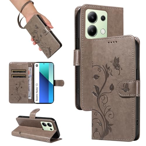 nancencen Hülle für Redmi Note 13 4G Handyhülle, Premium Leder Wallet Schutzhülle Silikon TPU Stoßfest [Kartenfächer] [Standfunktion] Outdoor Flip Case Cover, Grau von nancencen