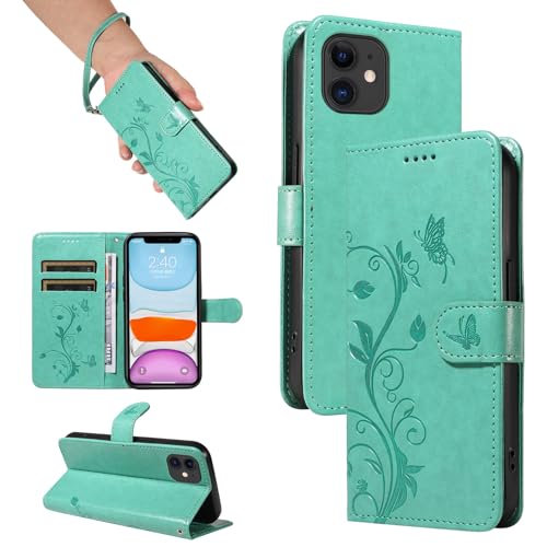 nancencen Hülle für iPhone 11 6.1" Handyhülle, Premium Leder Wallet Schutzhülle Silikon TPU Stoßfest [Kartenfächer] [Standfunktion] Outdoor Flip Case Cover, Grün von nancencen