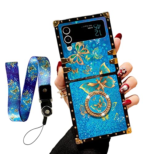 Für Samsung Galaxy Z Flip 4 5G Hülle (2022): Mädchen Frauen Mode Blau Schmetterling Muster Cover mit Ring Ständer Gurt Lanyard Stoßfeste Schutzhülle für Samsung Galaxy Z Flip 4 - Schmetterling Blau von nancheng