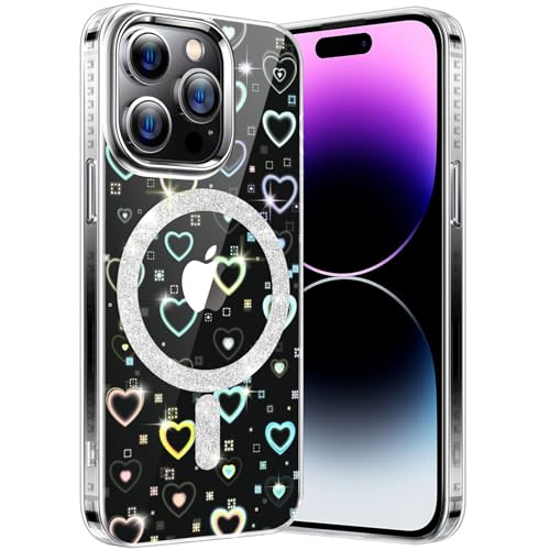 Hülle für iPhone 14 Pro Kompatibel mit MagSafe, Transparent Glitzer Love Herzen Magnetische HandyHülle Case Schutzhülle Leicht Dünn Kratzfeste Rückseite, Schillernd Fluoreszierend Crystal Klar von nicekool