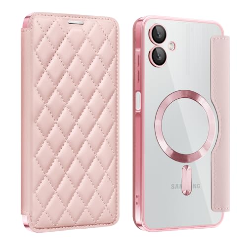 nincyee Schutzhülle für Samsung Galaxy A06 5G, elegantes Rautenmuster, Premium-PU-Leder, Brieftaschen-Klapphülle + TPU-Magnetanziehungsschale, kabelloses Aufladen, kompatibel mit rosa von nincyee