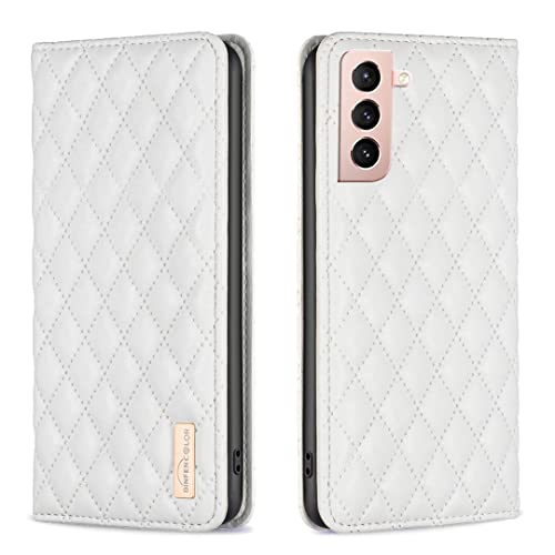 nincyee Schutzhülle für Samsung Galaxy S21, Rhombus Lammfell Muster Premium Leder Brieftasche Kickstand Flip Case Magnetverschluss Cover Weiß von nincyee