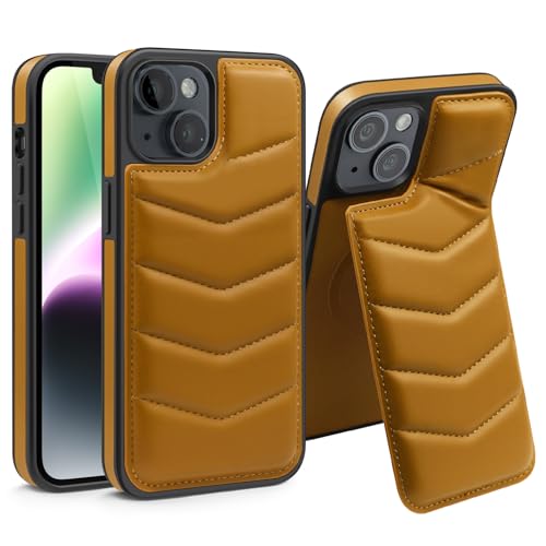 nincyee Schutzhülle für iPhone 14, Lycra-Daunenmuster, Premium-PU-Leder mit Kartenhalter, versteckter klappbarer Ständer, kabelloses Aufladen, kompatibel mit Braun von nincyee